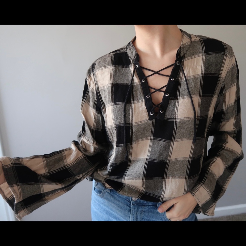Camel & Black Plaid Top